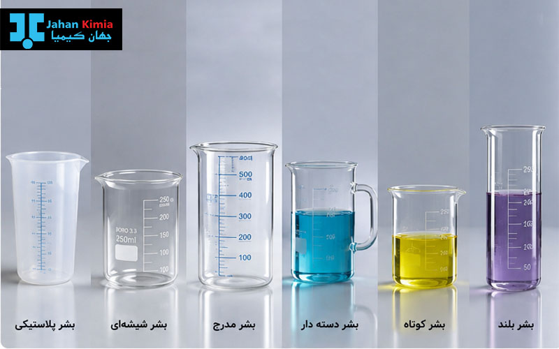 انواع بشر آزمایشگاهی شیشه ای و پلاستیکی در اندازه ها و مدل های مختلف