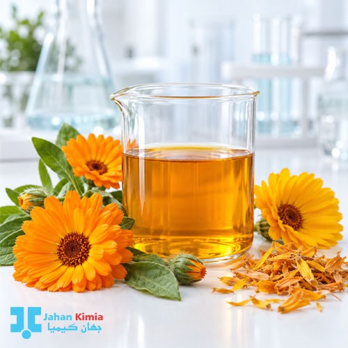 عصاره همیشه بهار در بشر آزمایشگاهی با گل‌های همیشه بهار