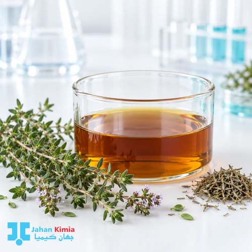 عصاره آویشن باغی در ظرف شیشه‌ای آزمایشگاهی همراه با گیاه آویشن