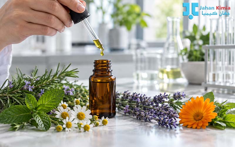 عصاره گیاهی در ظرف شیشه‌ای در کنار گیاهان دارویی