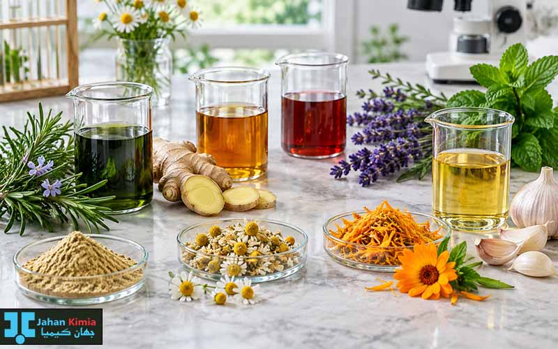 انواع عصاره‌های گیاهی خشک و مایع در ظروف شیشه‌ای
